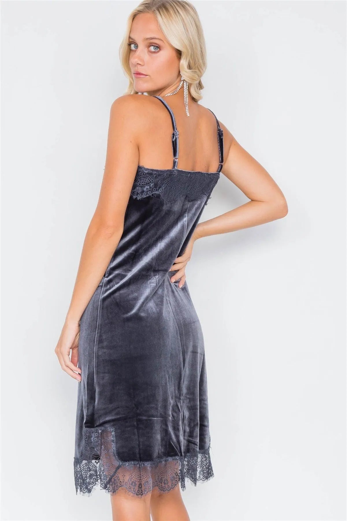 Gun Metal Velvet Lace Trim Mock Cowl V-Neck Midi Dress /3-2-1 - Tasha Apparel Wholesale