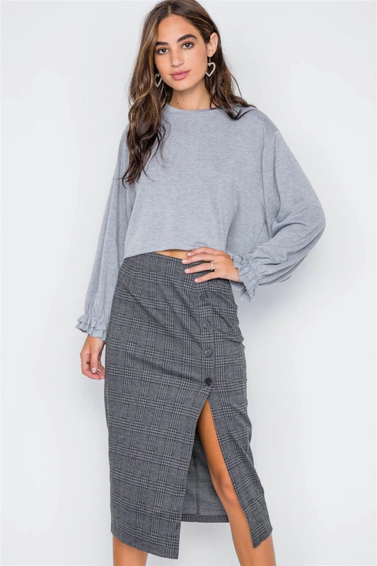 Charcoal Plaid High-Waist Side Slit Pencil Skirt / 3-2-1 - Tasha Apparel Wholesale