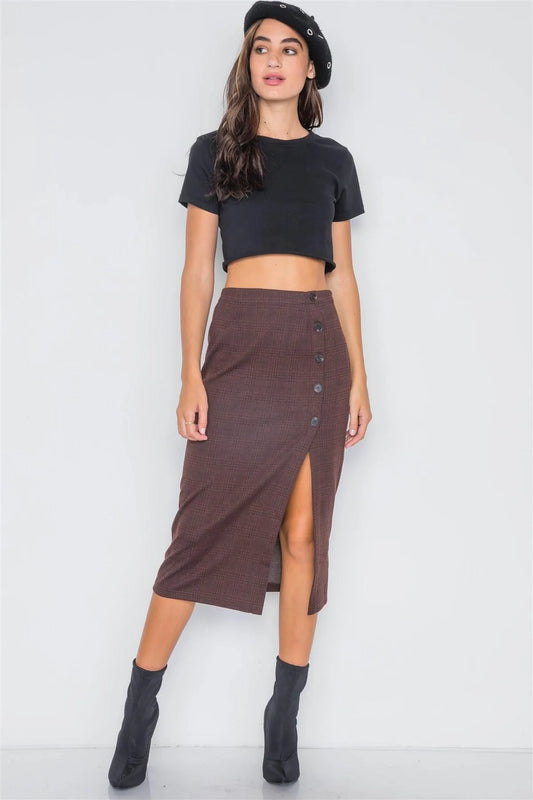 Redwood Plaid High-Waist Side Slit Pencil Skirt / 3-2-1 - Tasha Apparel Wholesale