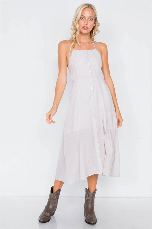Sand Cotton Semi-Sheer Halter Stripe Midi Dress /3-2-1 - Tasha Apparel Wholesale