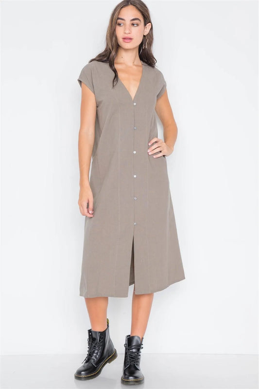 Field Grey Button Down Sleeveless Dress /3-2-1 - Tasha Apparel Wholesale