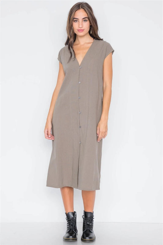 Field Grey Button Down Sleeveless Midi Dress - Tasha Apparel Wholesale