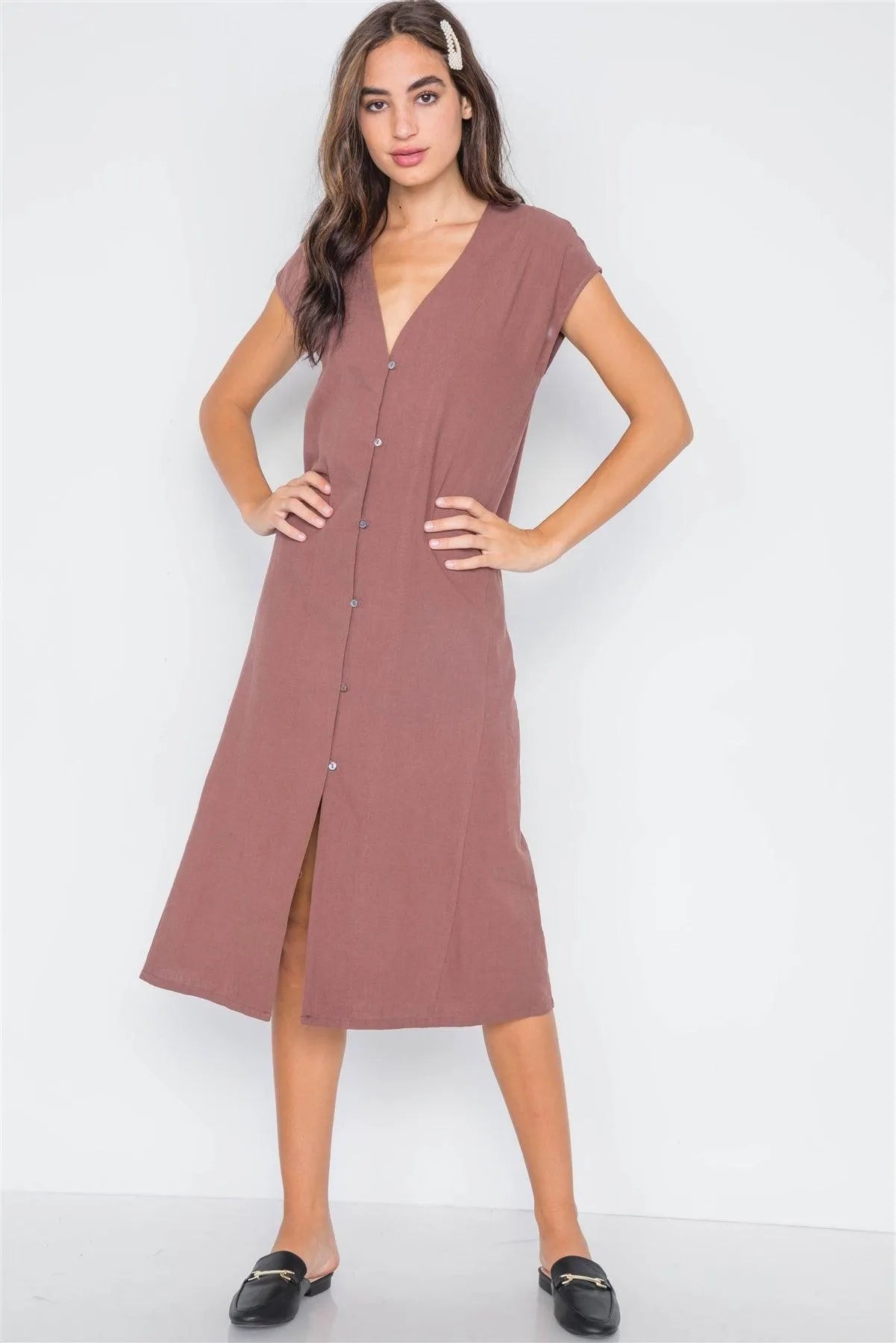Marsala Button Down Sleeveless Midi Dress - Tasha Apparel Wholesale