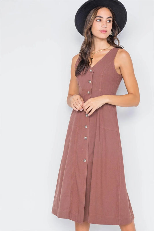 Marsala Button-Front A-Line Midi Dress - Tasha Apparel Wholesale
