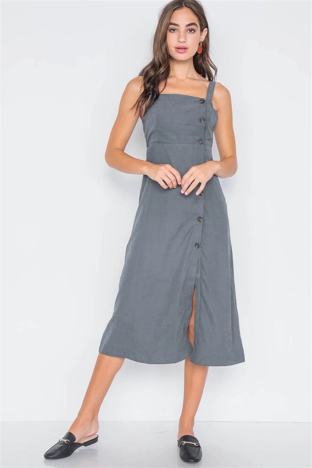 Dark Forest Crushed Button-Front Midi Dress /3-2-1 - Tasha Apparel Wholesale