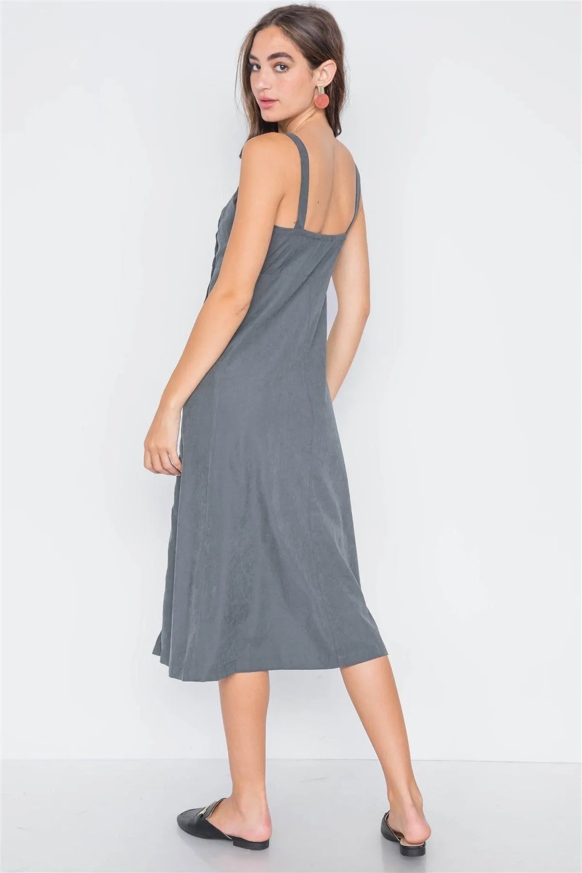 Dark Forest Crushed Button-Front Midi Dress /3-2-1 - Tasha Apparel Wholesale