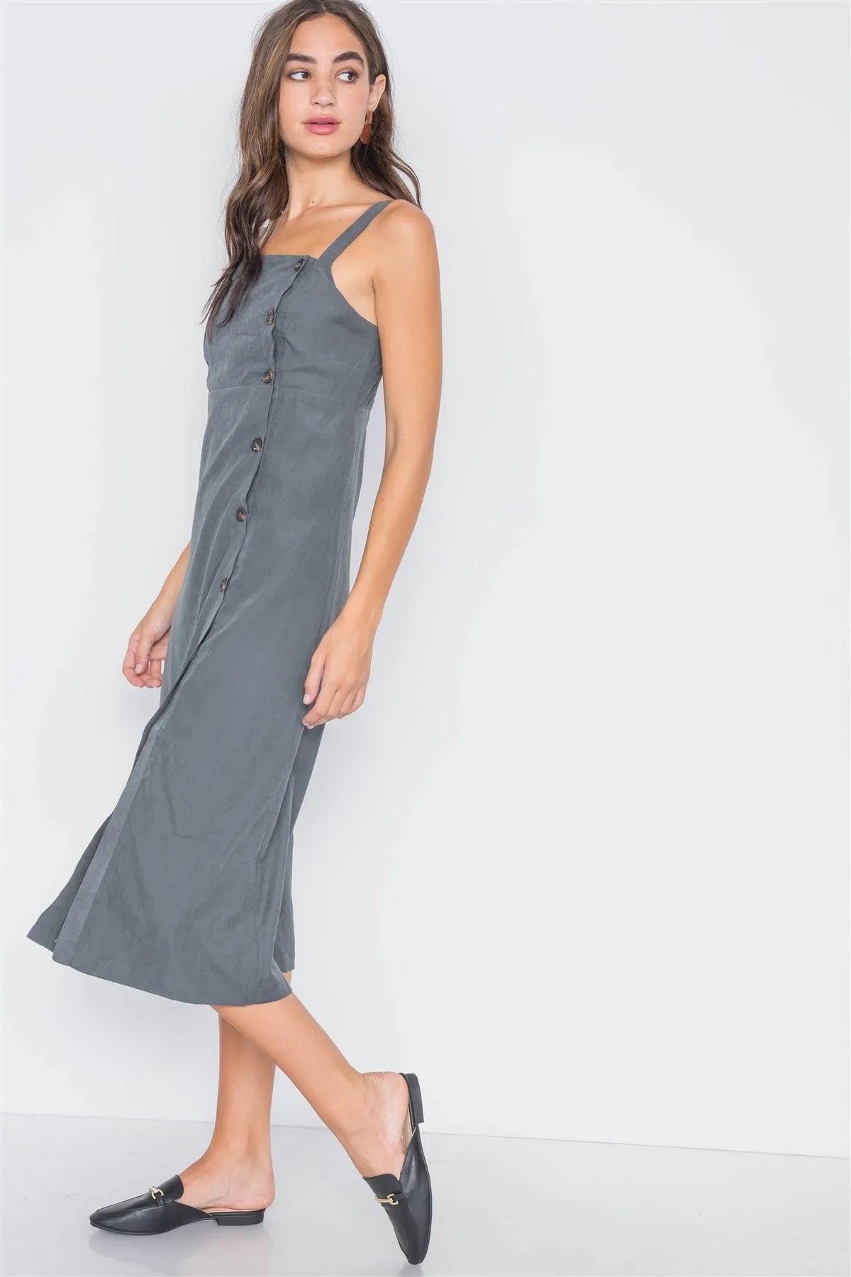 Dark Forest Crushed Button-Front Midi Dress /3-2-1 - Tasha Apparel Wholesale