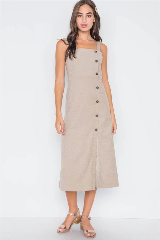 Sand Crushed Button-Front Midi Dress /3-2-1 - Tasha Apparel Wholesale