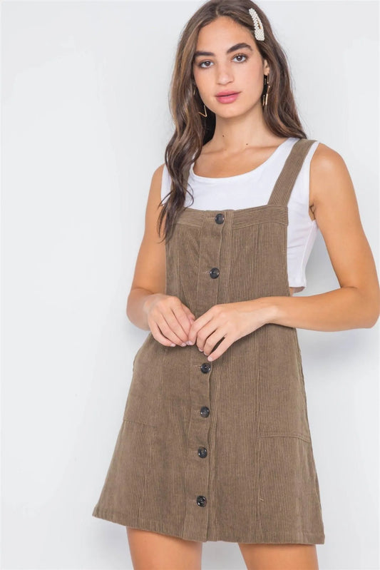 Umber Corduroy Overall Button-Front Mini Dress /3-2-1 - Tasha Apparel Wholesale