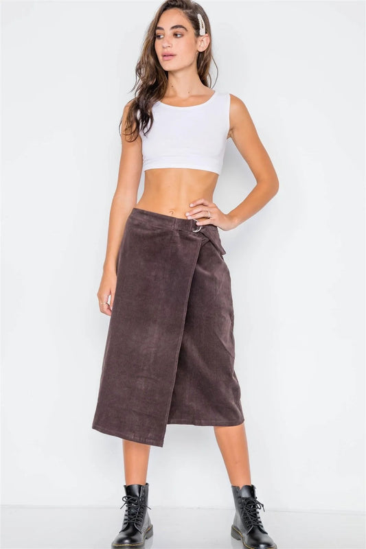 Brown Corduroy Asymmetrical Front Midi Skirt / 3-2-1 - Tasha Apparel Wholesale