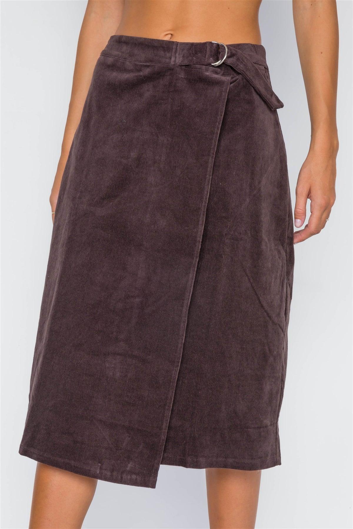 Brown Corduroy Asymmetrical Front Midi Skirt / 3-2-1