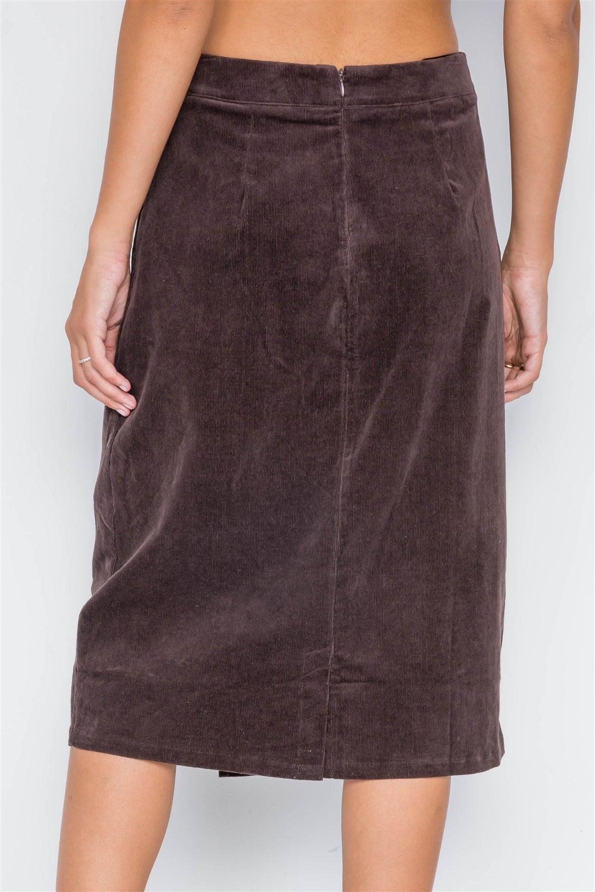Brown Corduroy Asymmetrical Front Midi Skirt / 3-2-1