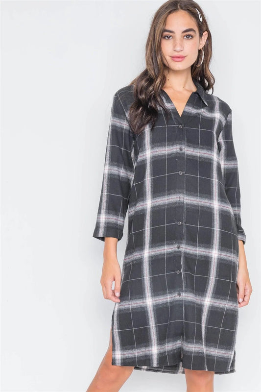 Black Plaid Button Down Casual Shirt Dress /3-2-1 - Tasha Apparel Wholesale