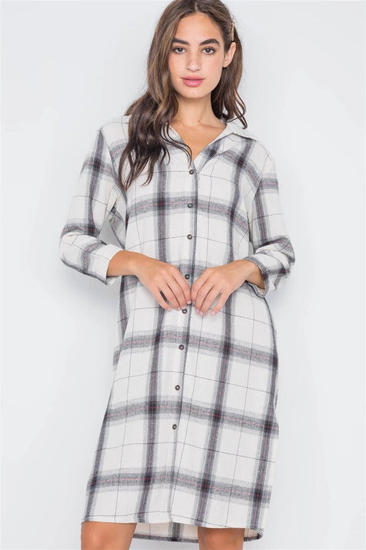 Ivory Plaid Button Down Casual Shirt Dress /2-2-1 - Tasha Apparel Wholesale