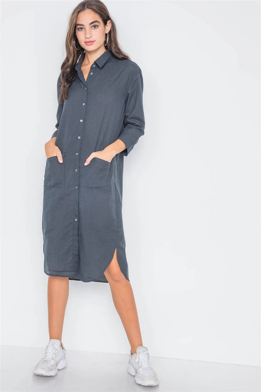 Dark Emerald Gingham Button Down Shirt Dress /3-2-1 - Tasha Apparel Wholesale