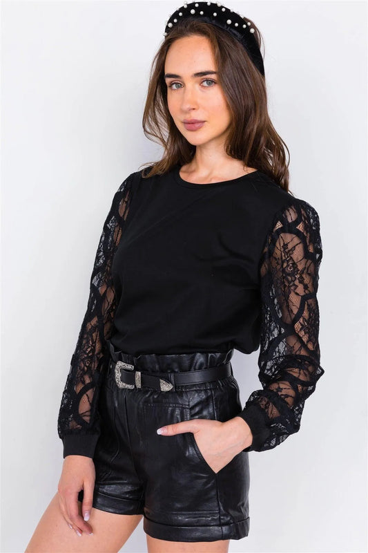 Black Lace Full Puff Sleeve Causal Office Chic Top /2-2-1-1 - Tasha Apparel Wholesale