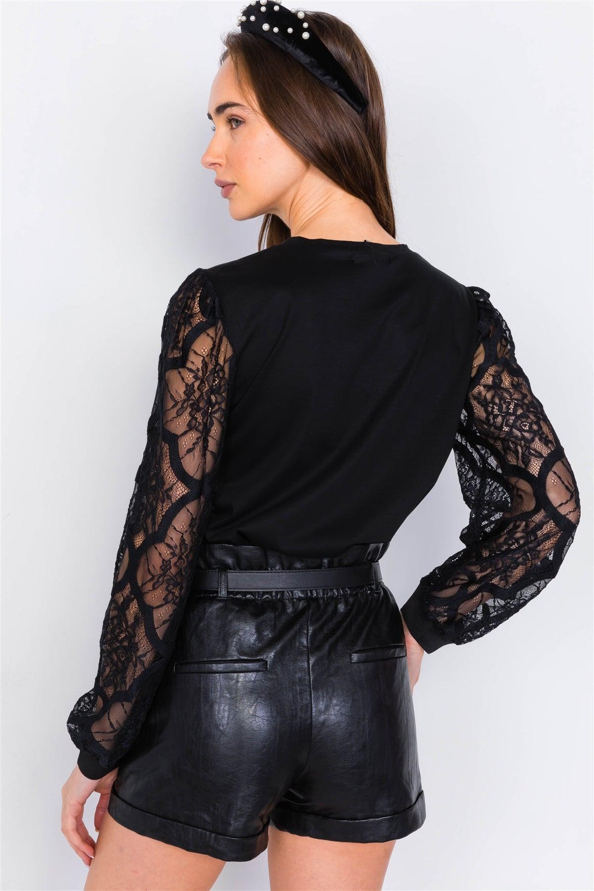 Black Lace Full Puff Sleeve Causal Office Chic Top
