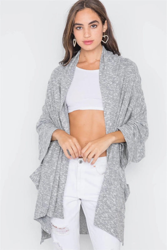 Charcoal Heathered Open Front Soft Casual Cardigan /4-2 - Tasha Apparel Wholesale
