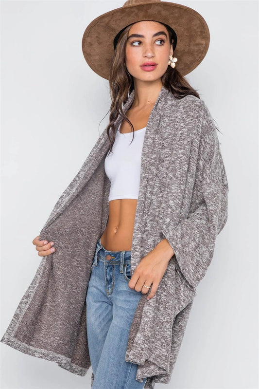 Redwood Heathered Open Front Soft Casual Cardigan /4-2 - Tasha Apparel Wholesale