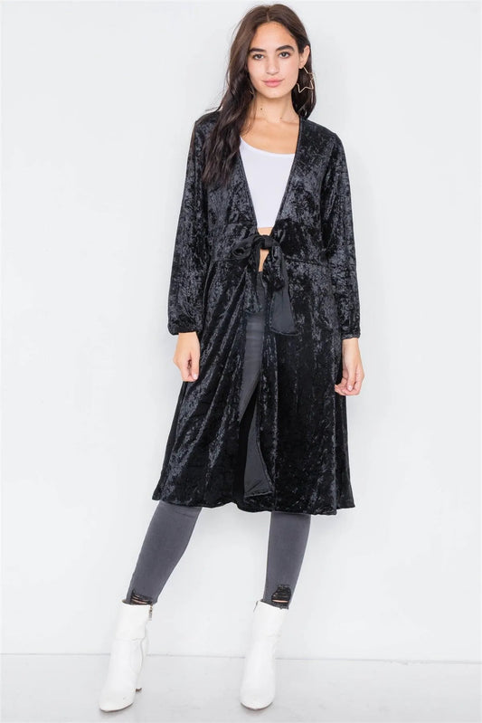 Black Crushed Velvet Open Front Tie Jacket /3-2-1 - Tasha Apparel Wholesale