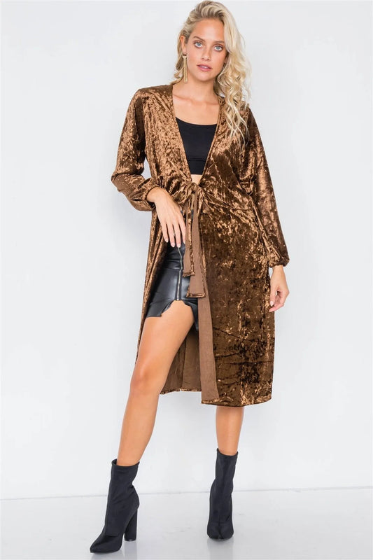 Coffee Crushed Velvet Front Bow Tie Jacket /3-2-1 - Tasha Apparel Wholesale