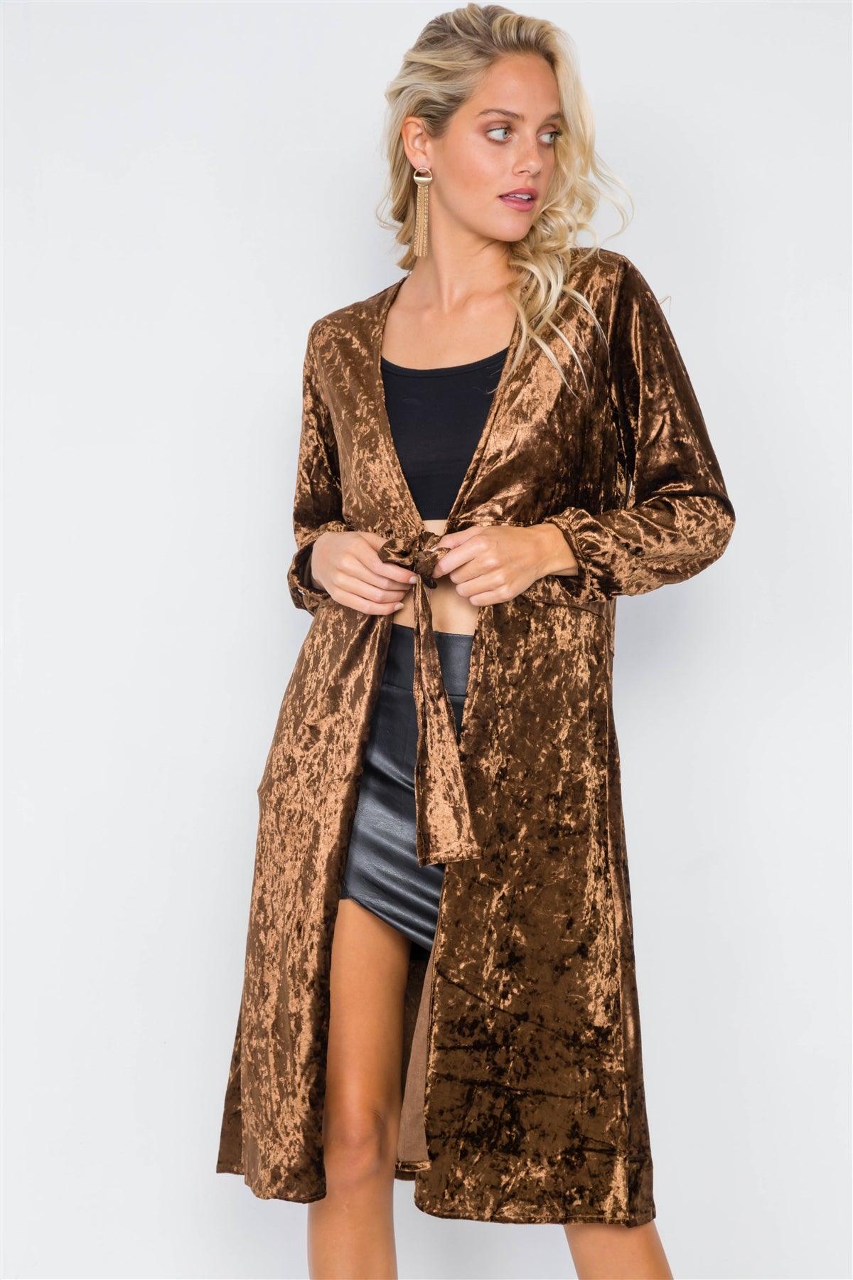 Coffee Crushed Velvet Front Bow Tie Jacket /3-2-1