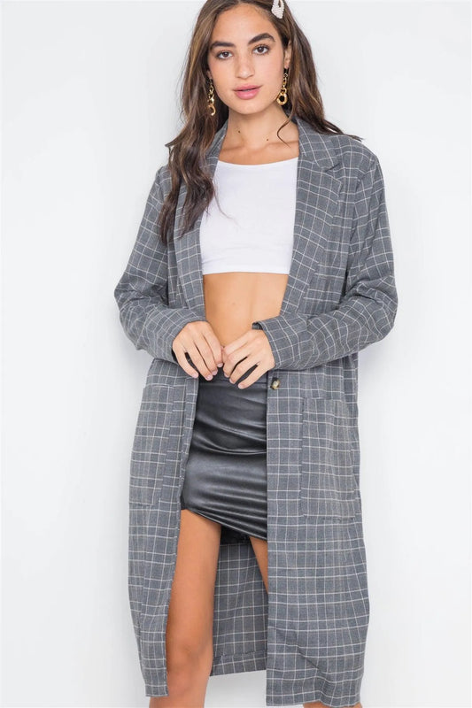 Umber Plaid Single Button Long Sleeve Blazer /3-2-1 - Tasha Apparel Wholesale