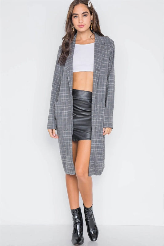 Umber Plaid Single Button Long Sleeve Blazer - Tasha Apparel Wholesale