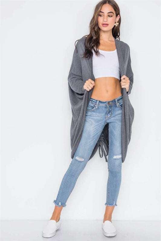 Charcoal Dolman Sleeves Circled Hem Cardigan / 3-2 - Tasha Apparel Wholesale