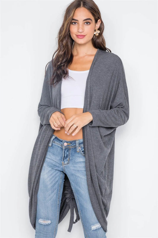 Charcoal Dolman Sleeves Circled Hem Cardigan / 4-2 - Tasha Apparel Wholesale