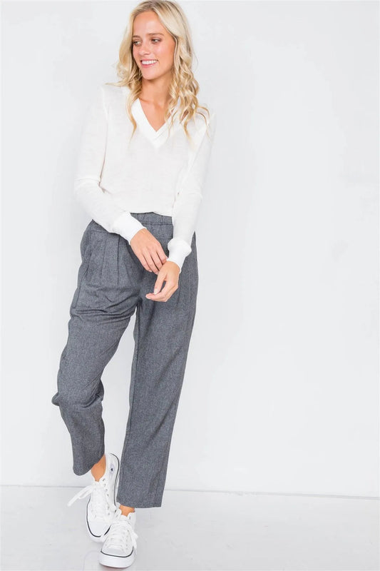 Charcoal High Waist Pleated Cinched Stretchy Pant /3-2-1 - Tasha Apparel Wholesale