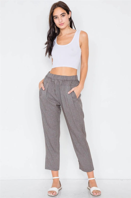 Grey Brown High Waist Pleated Cinched Stretchy Pant /3-2-1 - Tasha Apparel Wholesale