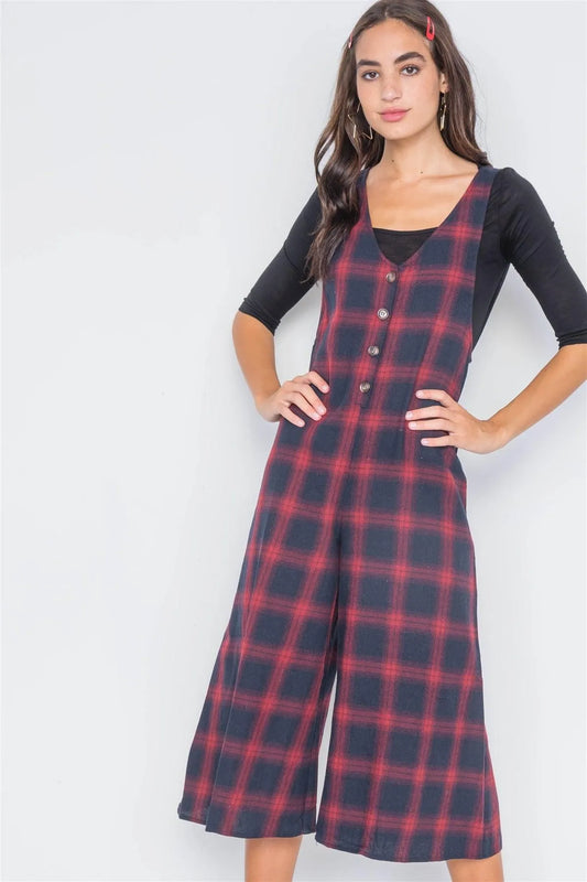 Black Red Plaid Wide Leg Overall Jumpsuit /3-2-1 - Tasha Apparel Wholesale