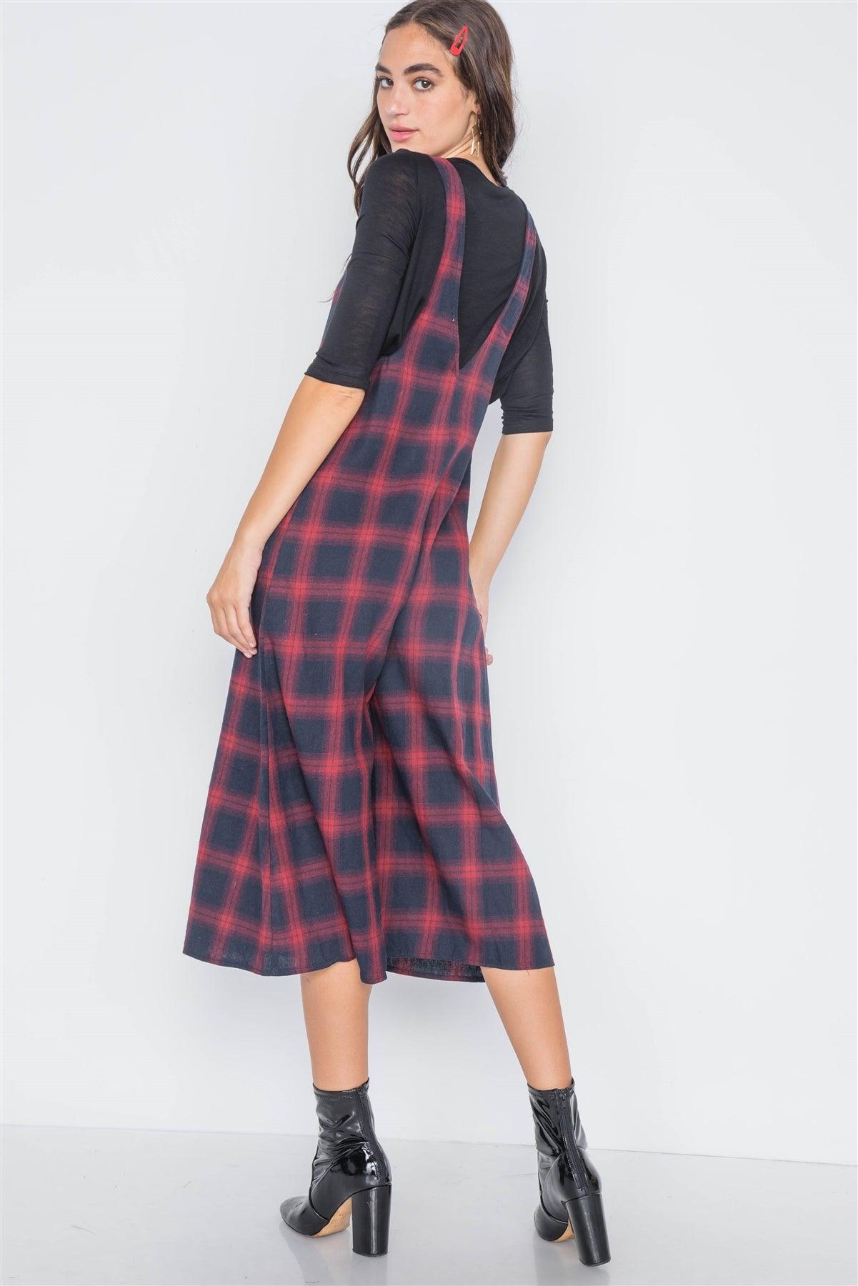 Black Red Plaid Wide Leg Overall Jumpsuit /3-2-1