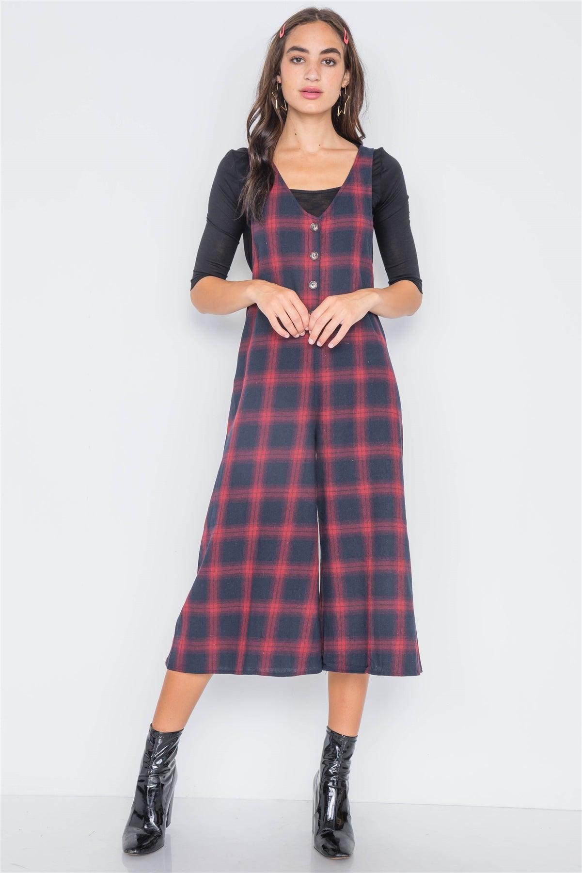 Black Red Plaid Wide Leg Overall Jumpsuit /3-2-1