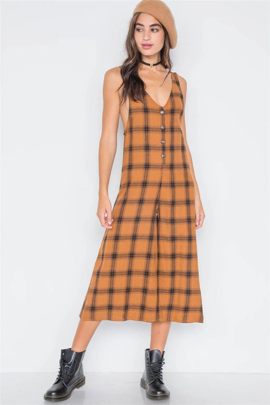 Cooper Plaid Wide Leg Overall Jumpsuit /3-2-1 - Tasha Apparel Wholesale