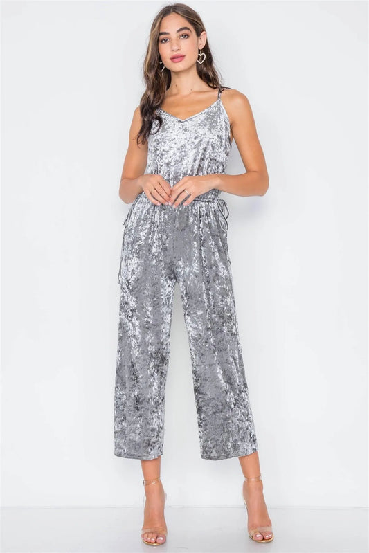 Moon Dust Crushed Velvet V-neck Wide Leg Jumpsuit / 3-2-1 - Tasha Apparel Wholesale