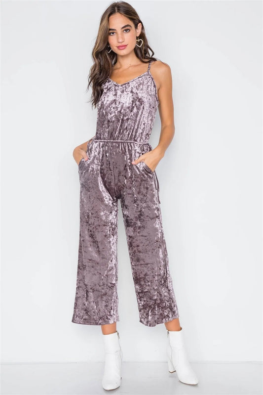 Sage Purple Crushed Velvet V-neck Wide Leg Jumpsuit / 3-2-1 - Tasha Apparel Wholesale
