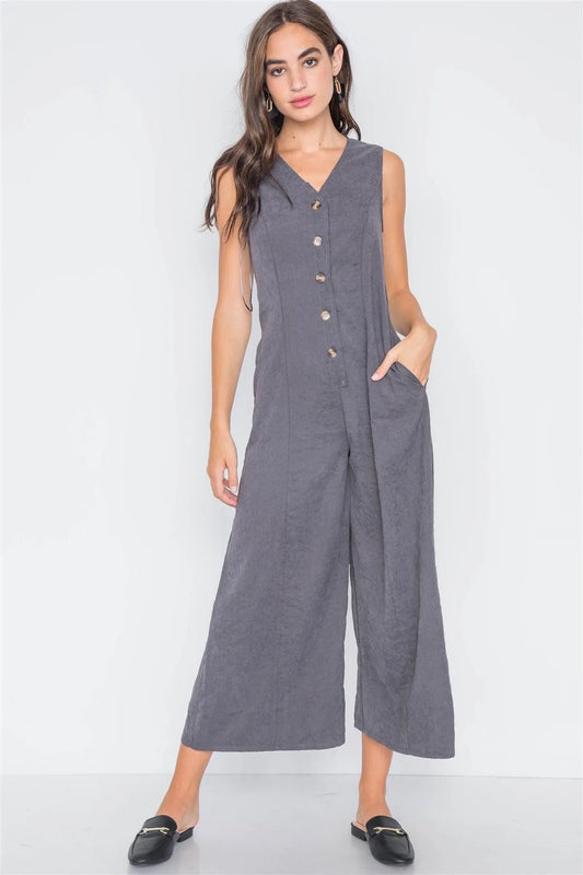 Carbon Crushed Button-Front Wide Leg Jumpsuit /3-2-1 - Tasha Apparel Wholesale