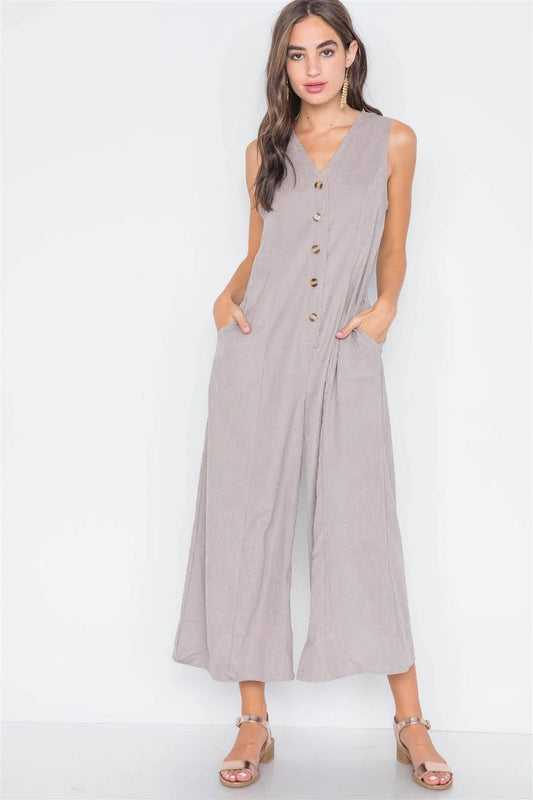 Taupe Crushed Button-Front Wide Leg Jumpsuit - Tasha Apparel Wholesale