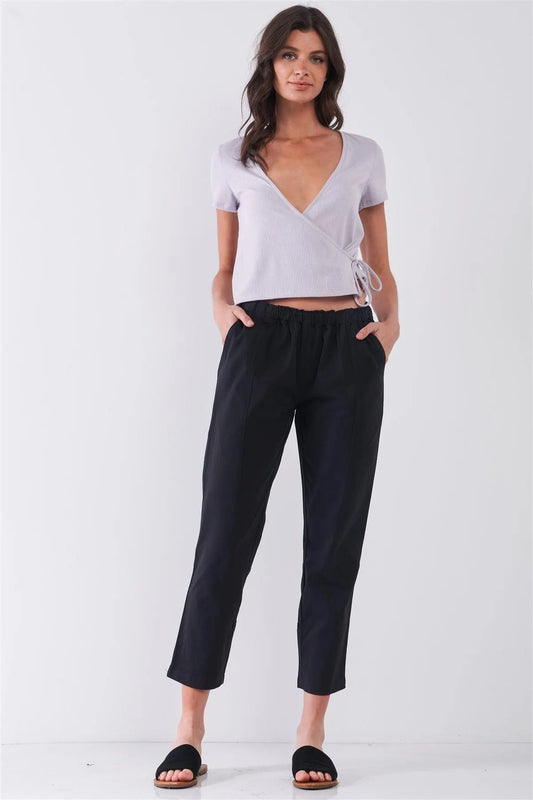 Black Mid-Rise Elasticated Waist Ankle Length Pants /3-2-1 - Tasha Apparel Wholesale