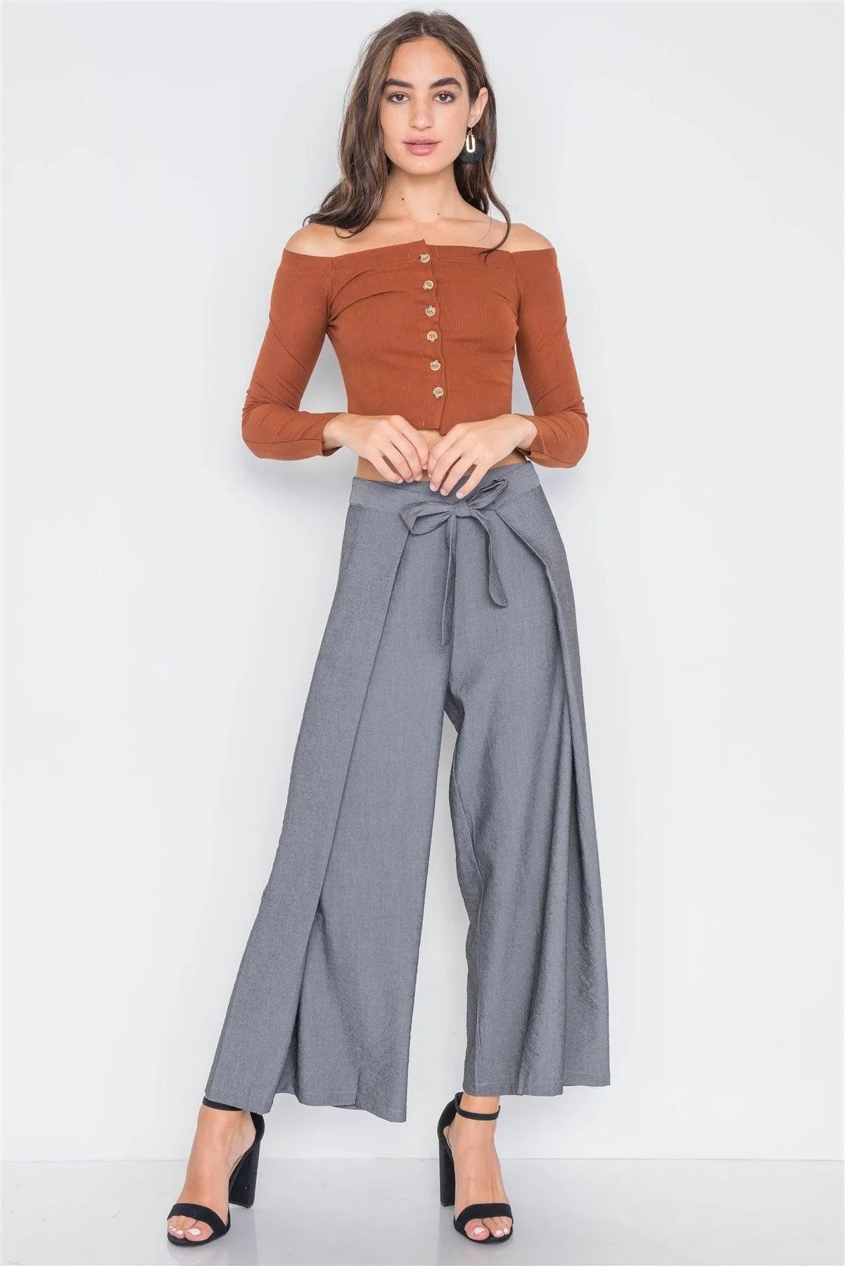 Ash Grey High-Waist Front-Tie Wide Leg Pants /3-2-1 - Tasha Apparel Wholesale