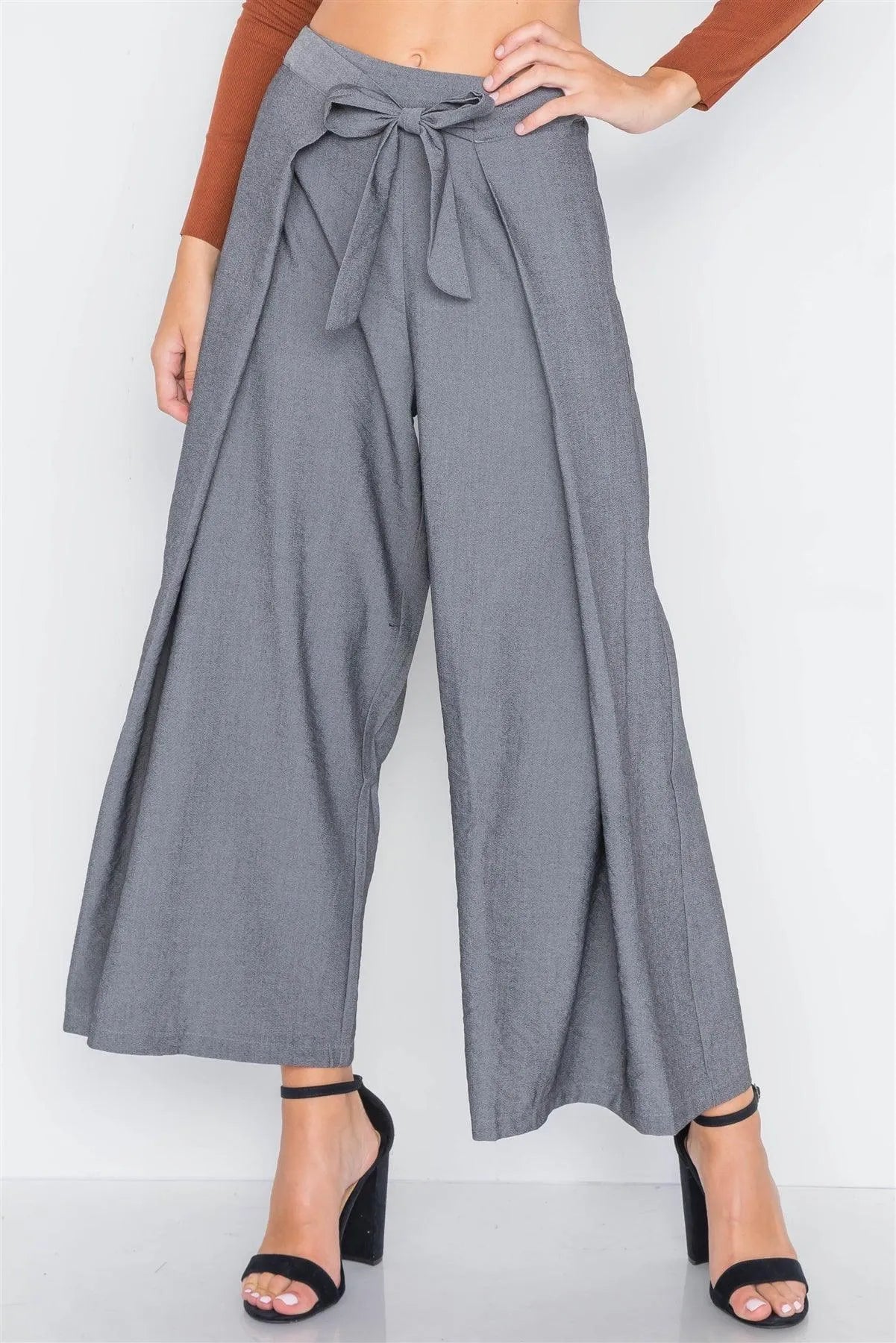 Ash Grey High-Waist Front-Tie Wide Leg Pants /3-2-1 - Tasha Apparel Wholesale