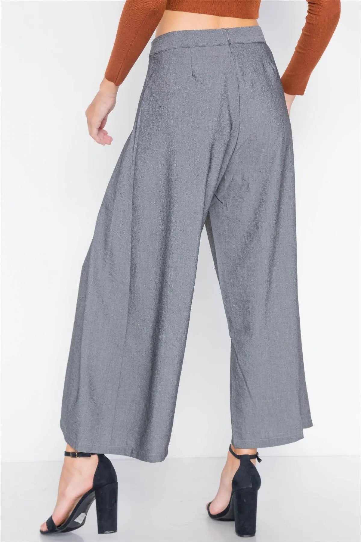 Ash Grey High-Waist Front-Tie Wide Leg Pants /3-2-1 - Tasha Apparel Wholesale