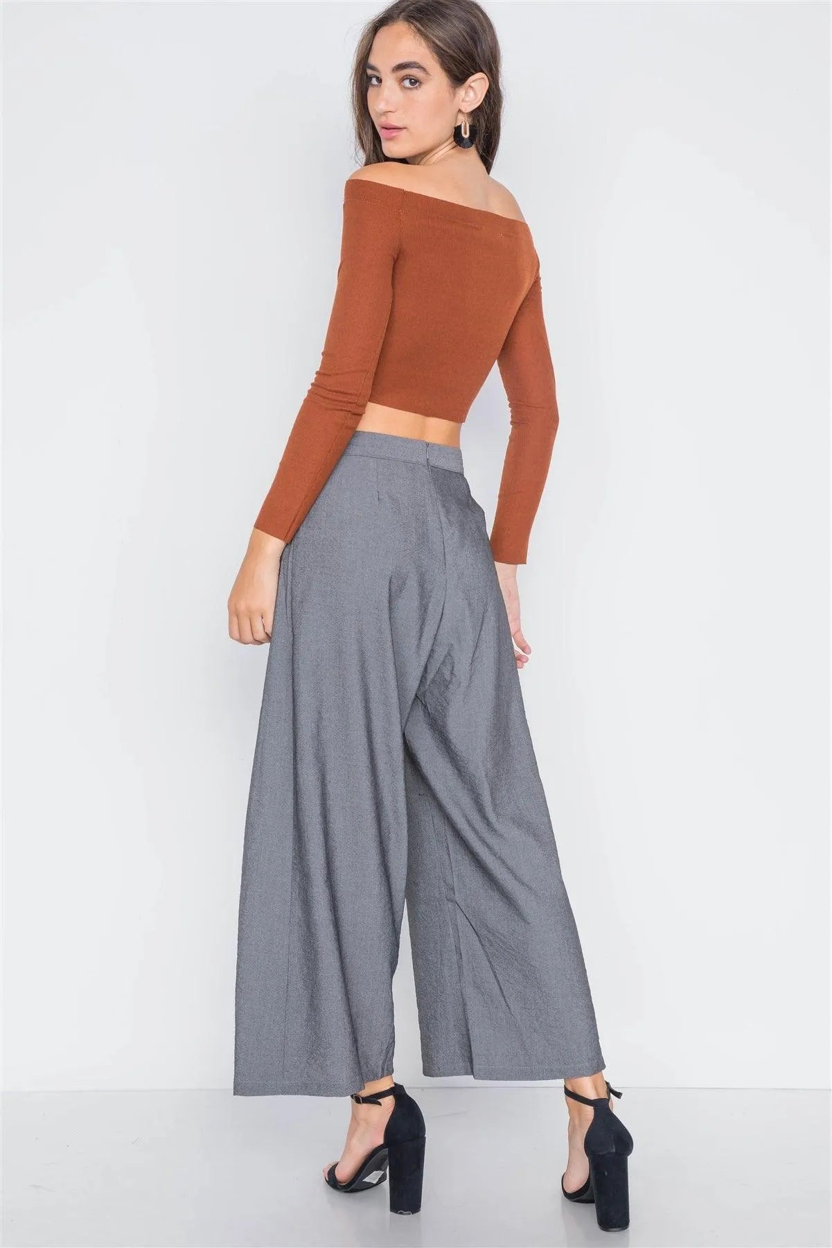 Ash Grey High-Waist Front-Tie Wide Leg Pants /3-2-1 - Tasha Apparel Wholesale