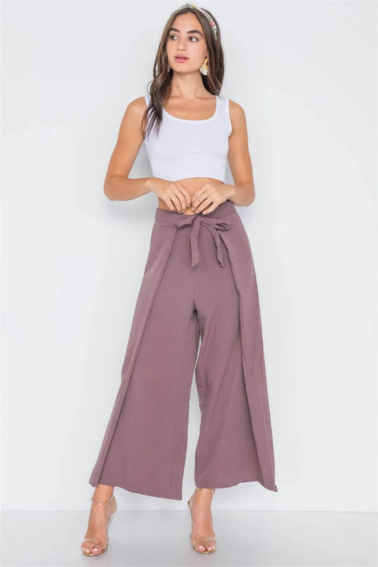 Plum High-Waist Front-Tie Wide Leg Pants /3-2-1 - Tasha Apparel Wholesale