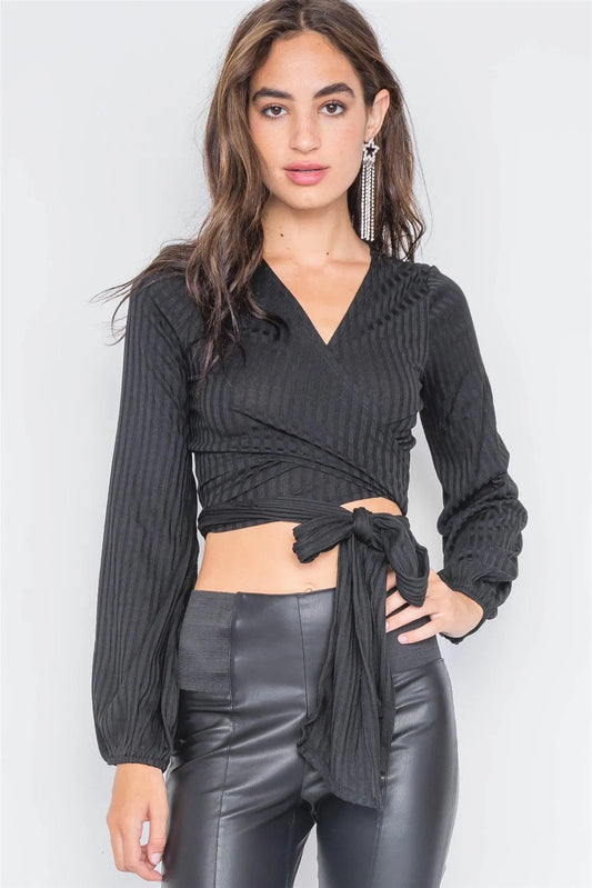 Black Ribbed Long Sleeve Wrap Knit Crop Top /3-2-1 - Tasha Apparel Wholesale