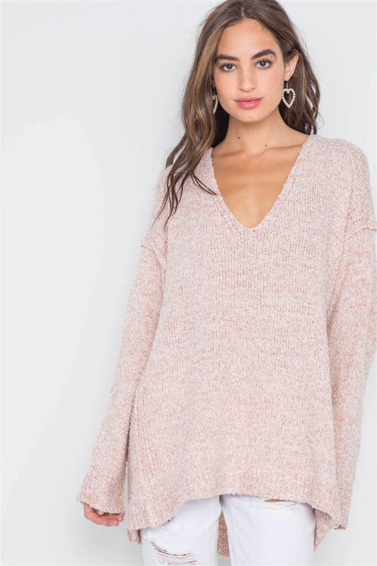 Ballet Pink Heathered Knit Long Sleeve Sweater /4-2 - Tasha Apparel Wholesale