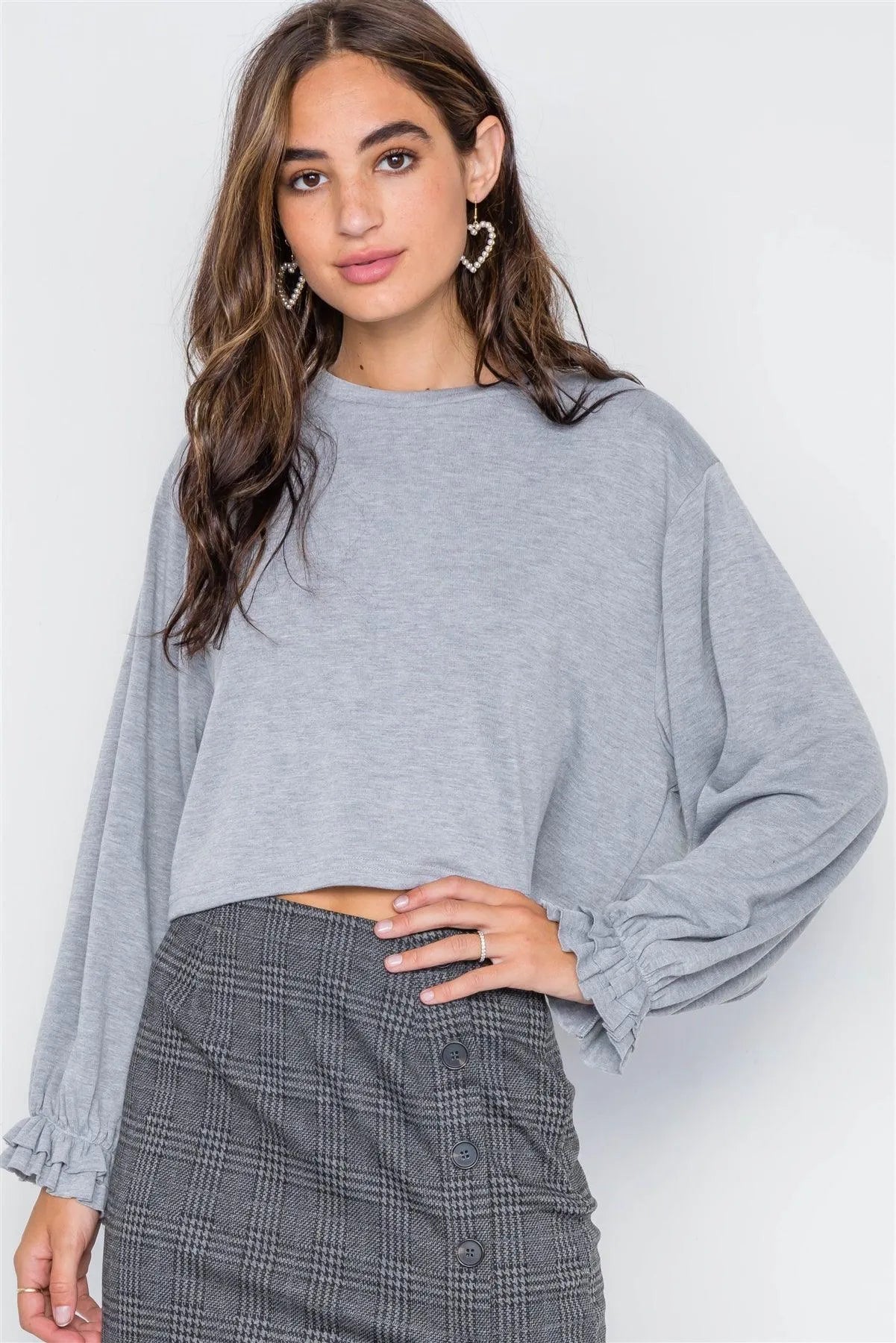 Heather Grey Ruffle Cuffs Crop Sweater Top / 3-2-1 - Tasha Apparel Wholesale