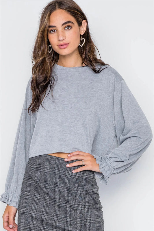 Heather Grey Ruffle Cuffs Crop Sweater Top / 3-2-1 - Tasha Apparel Wholesale